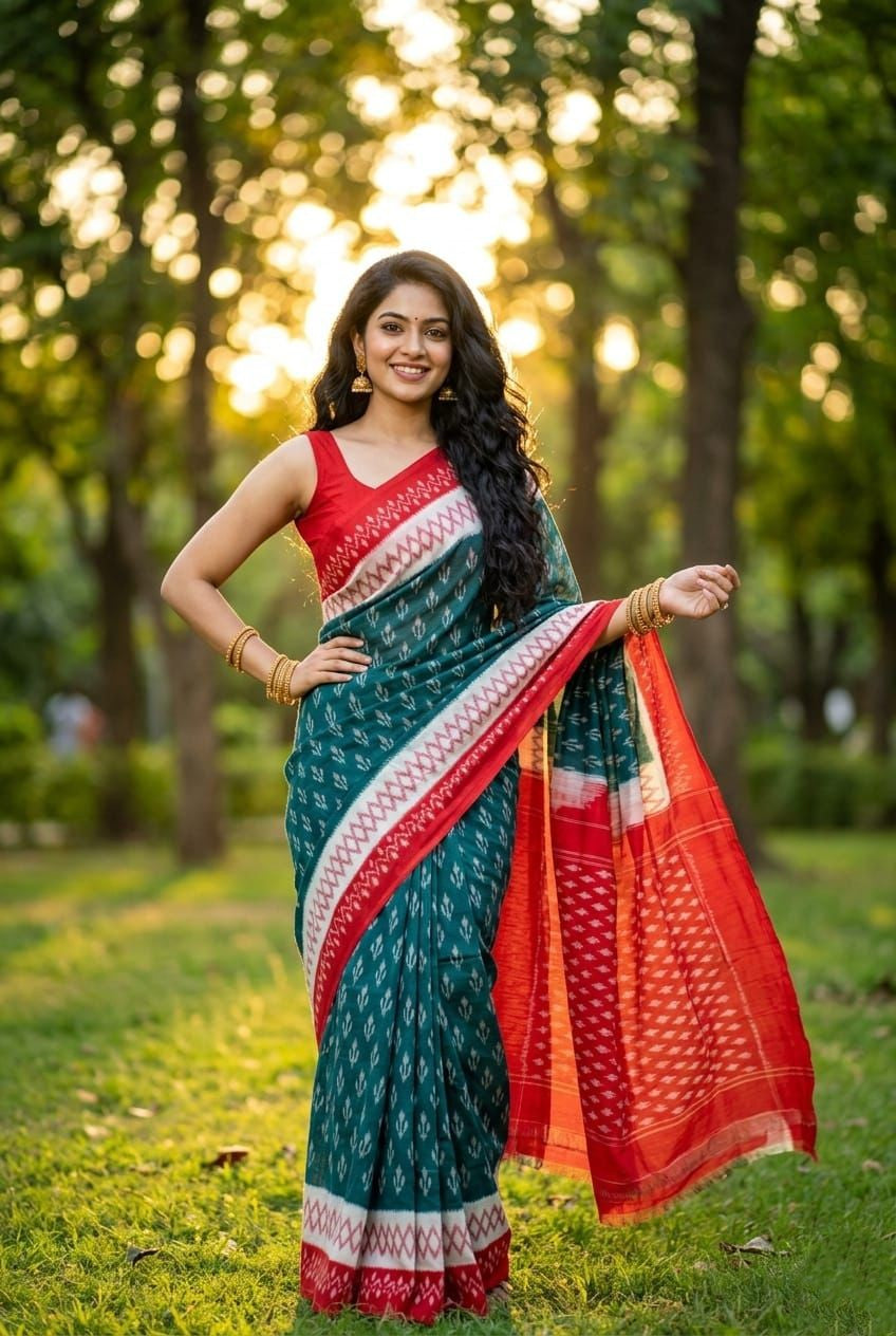 Dark Green and Red Ikat Linen Saree with Contrast Pallu | Traditional Wear