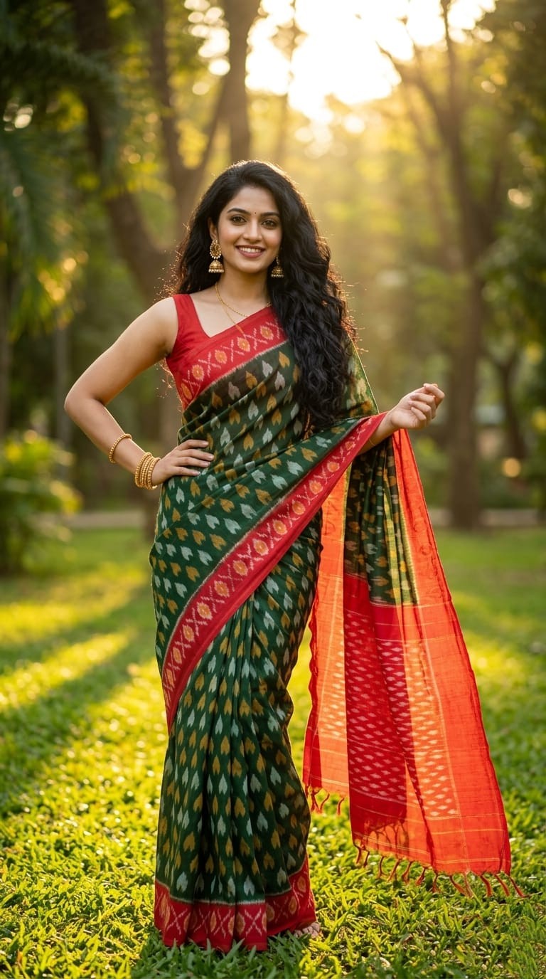 Dark Green and Red Printed Linen Saree | Rich Handwoven Traditional Drape