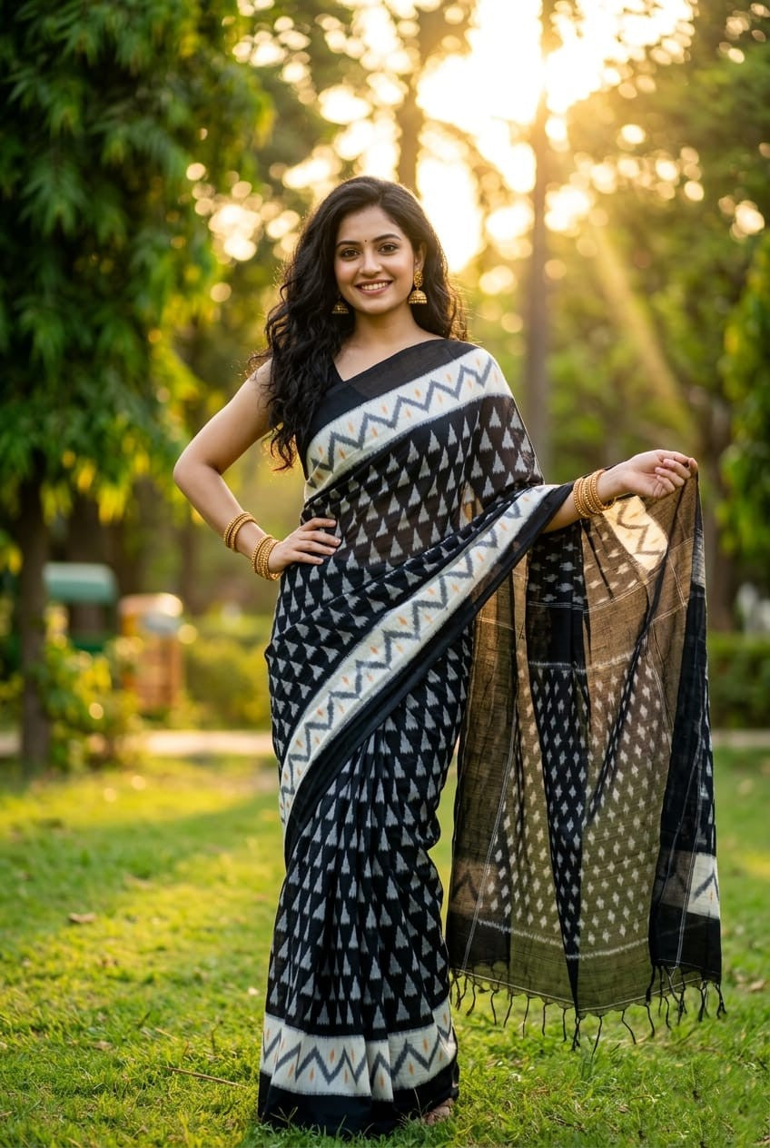 Dark Grey Ikat Linen Saree with Black Woven Border | Traditional Drape