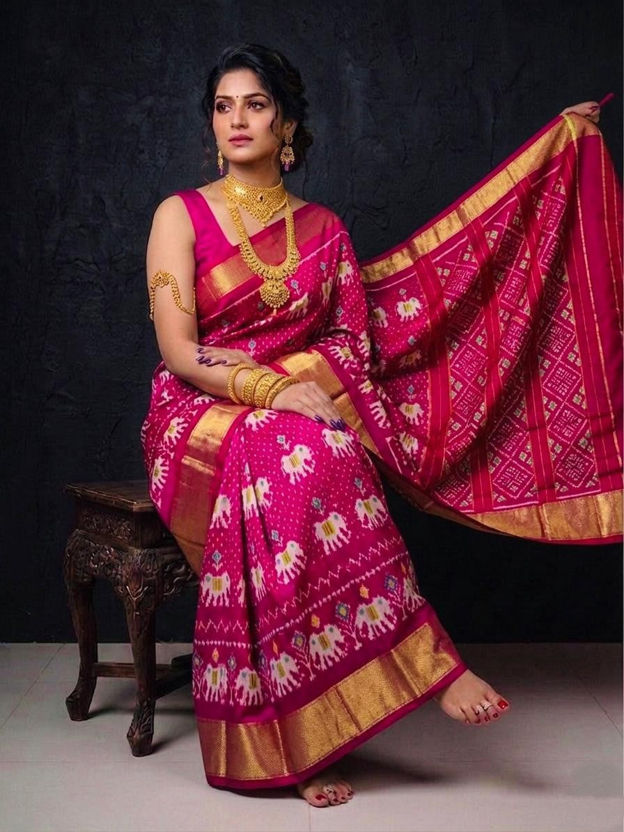 Dark Pink Golden Zari Handloom Kotha Silk Saree