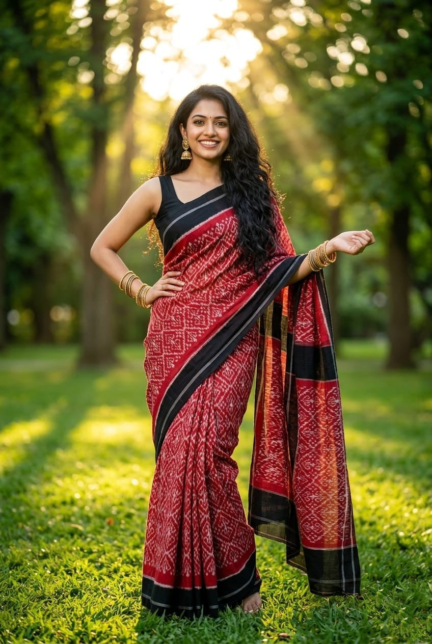 Dark Red and Black Linen Saree with Geometric Pattern | Rich Evening Ethnic