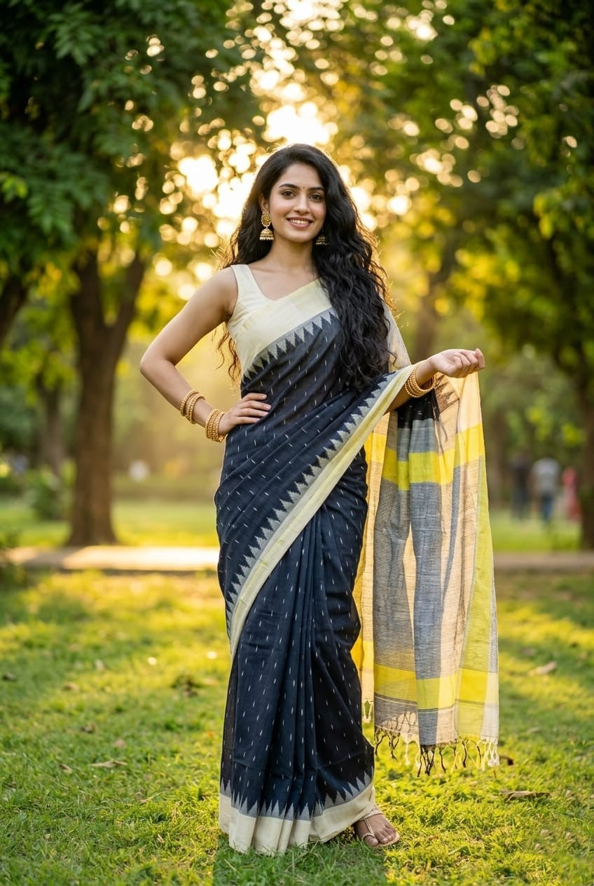 Dark Slate Linen Saree with Yellow Striped Border | Indo-Fusion Casual Drape