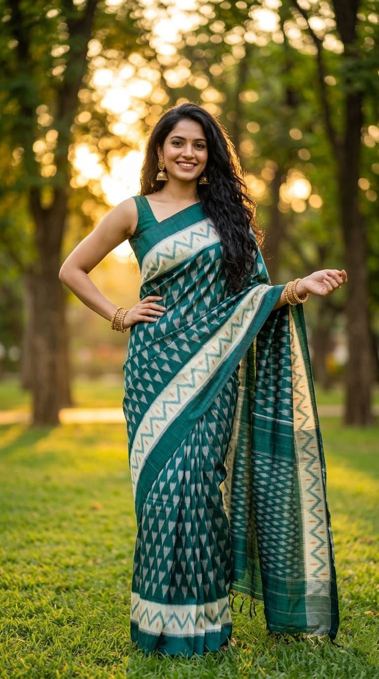 Dark Teal Floral Linen Saree with Self-Woven Border | Office Party Ethnic Wear