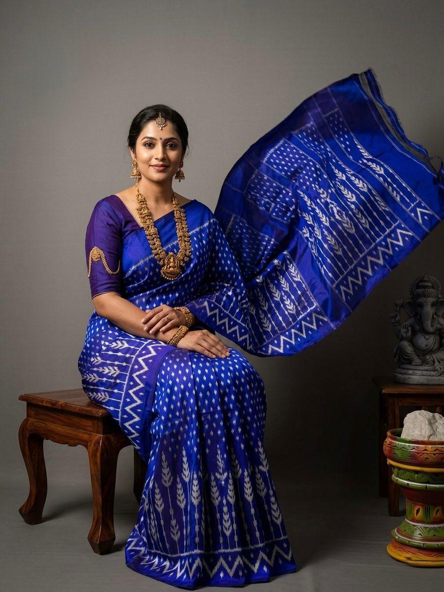 Deep Blue Barista Soft Silks Saree with White Traditional Ikat Pattern