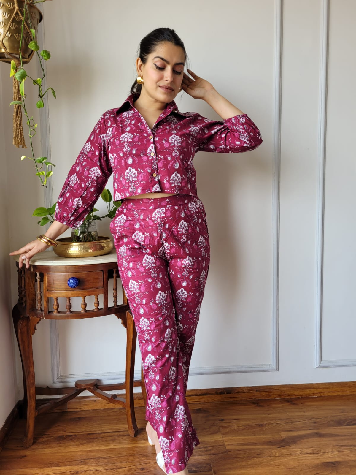 Deep Magenta Pure Cotton Hand Block Print Co-ord Set with Balloon Sleeves