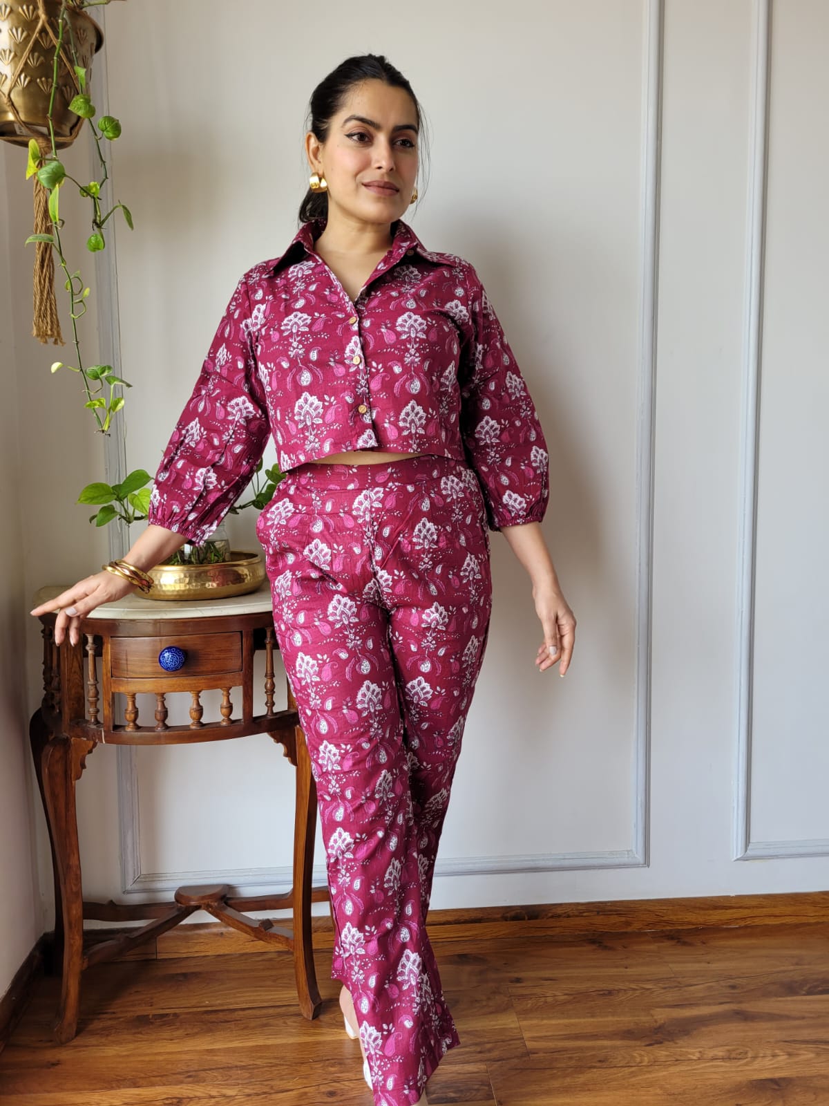 Deep Magenta Pure Cotton Hand Block Print Co-ord Set with Balloon Sleeves