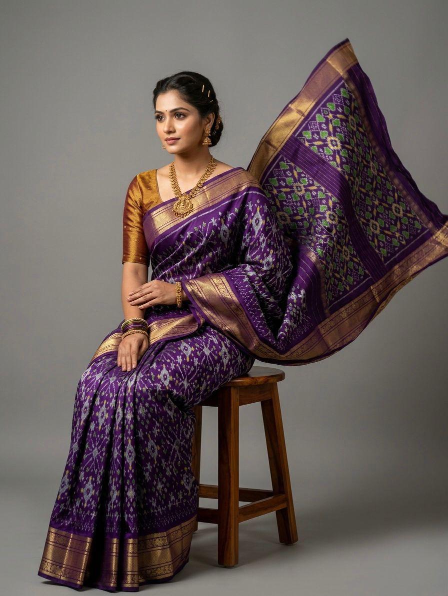 Deep Purple Handloom Pattu Silk Saree with Gold Ethnic Weaving