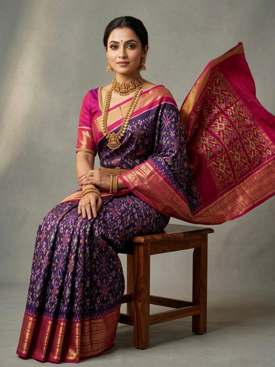 Deep Purple Handloom Pattu Silk Saree with Pink Designer Zari Border