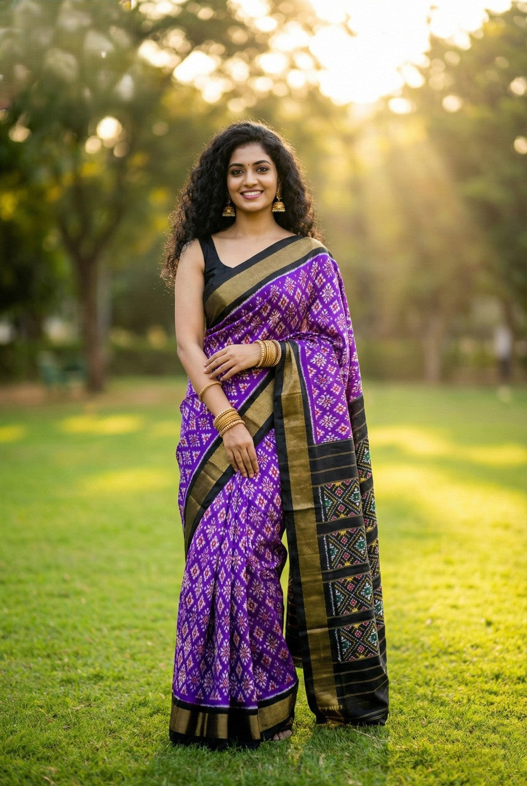 Elegant Violet Bentex Handloom Silk Saree with Rich Black Temple Border