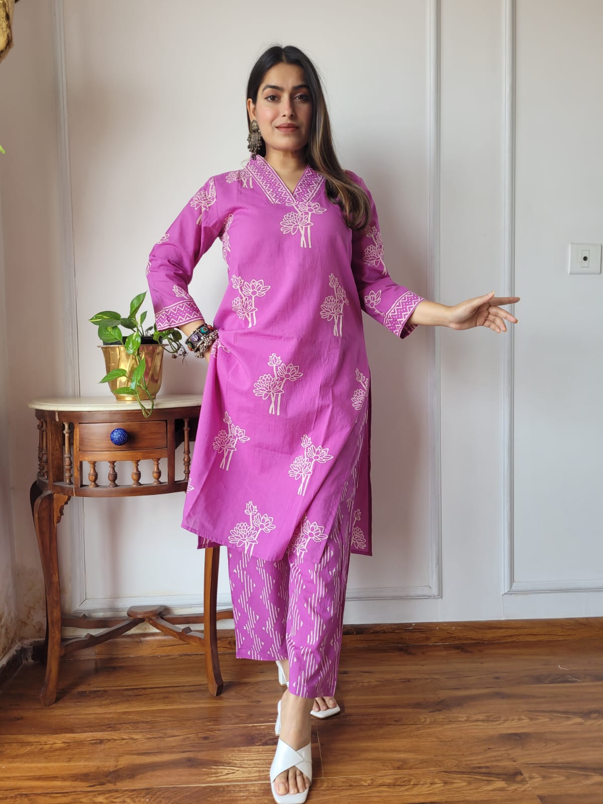 Fuchsia Pink Gota Embellished Straight Kurti & Pant Set
