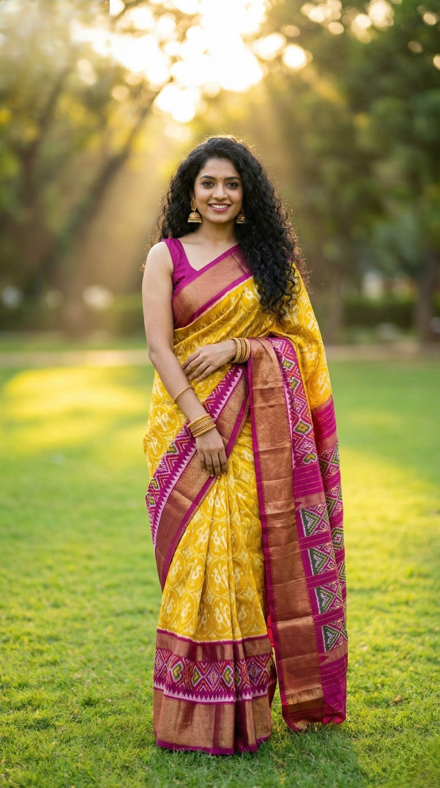 Golden Yellow Bentex Handloom Silk Saree with Pink Traditional Border Design