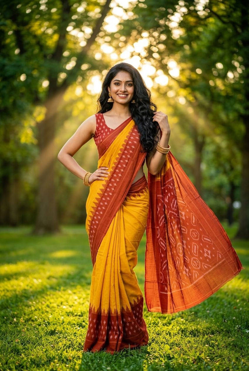Golden Yellow Linen Silk Saree with Orange Pallu | Wedding Guest Collection
