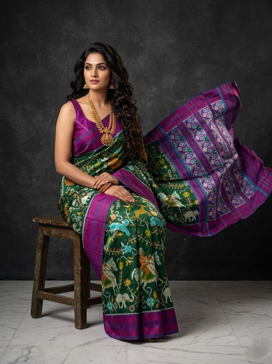 Green Barista Soft Silks Saree with Purple Traditional Floral Print