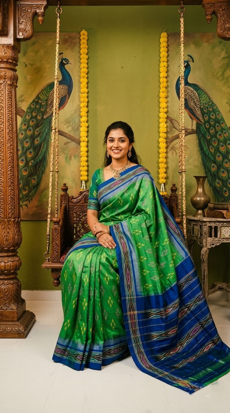 Green Barista Soft Silks Saree with Royal Blue Rich Woven Pallu