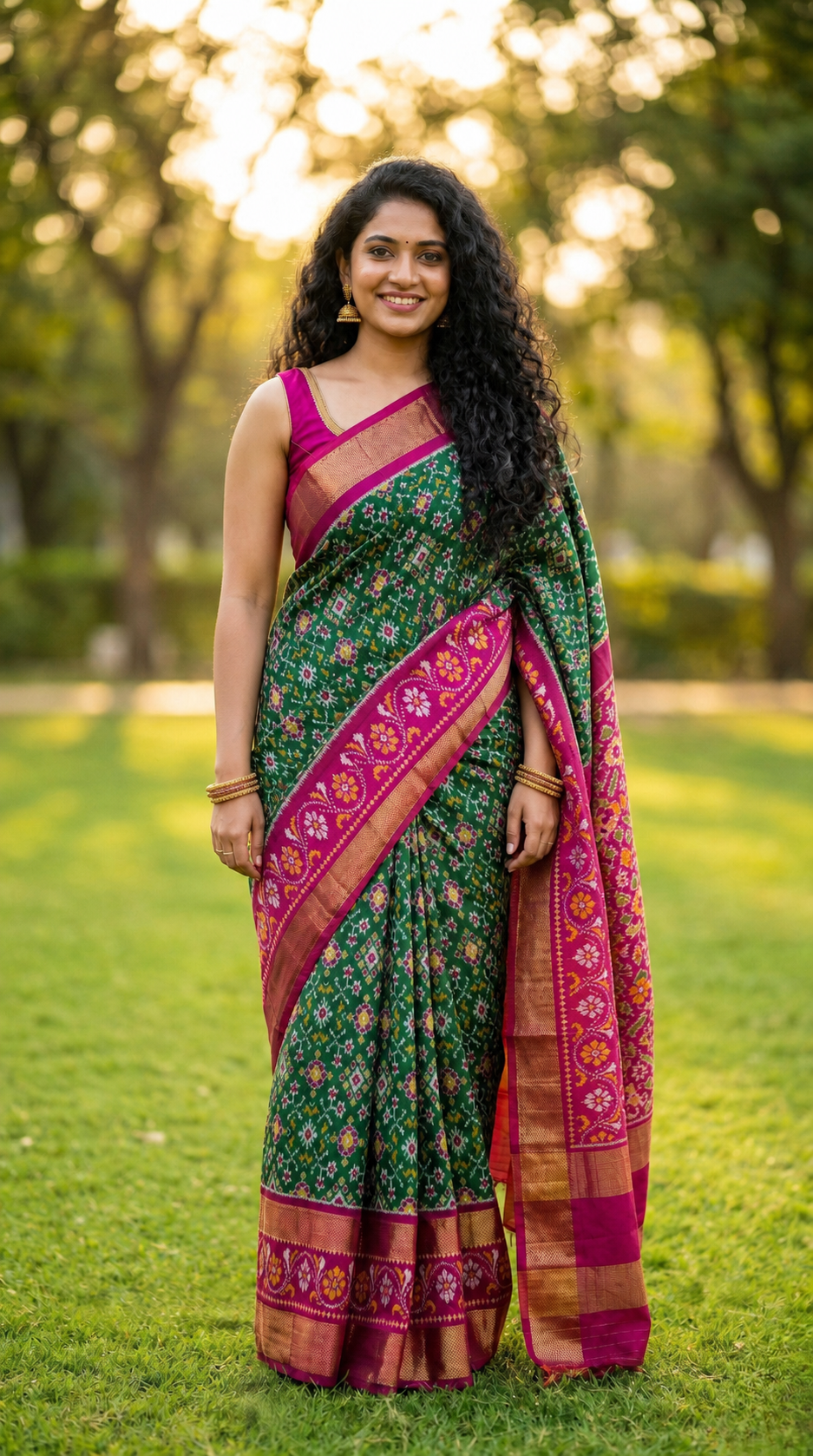 Green Bentex Handloom Silk Saree with Pink Contrast Pallu and Ethnic Weaving