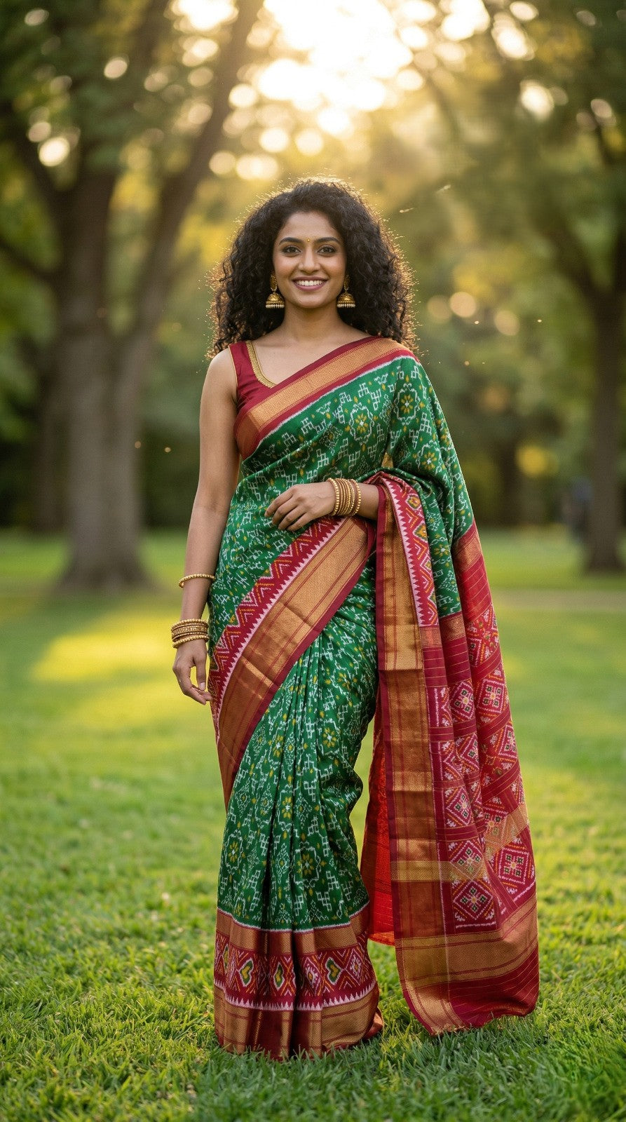 Green Bentex Handloom Silk Saree with Pink Ethnic Contrast Pallu