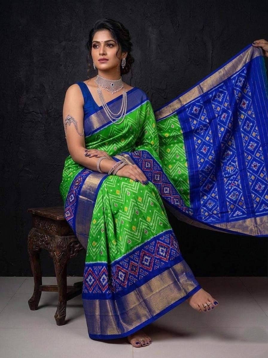 Green Blue Contrast Border Handloom Kotha Silk Saree