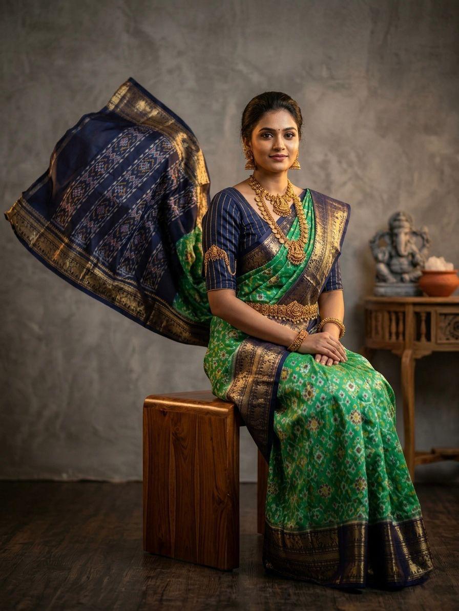 Green Handloom Pattu Silk Saree with Navy Blue Rich Designer Border