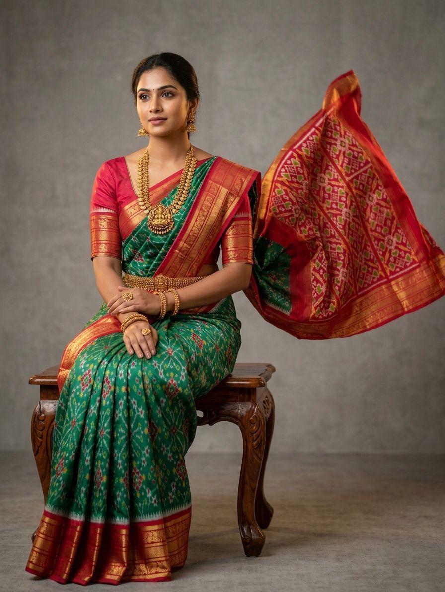 Green Handloom Pattu Silk Saree with Red Traditional Woven Border