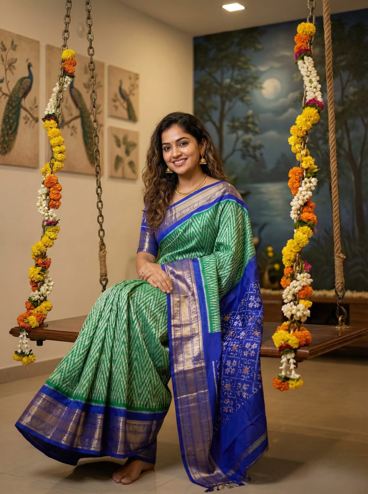 Green Handloom Pattu Silk Saree with Royal Blue Traditional Zari Border