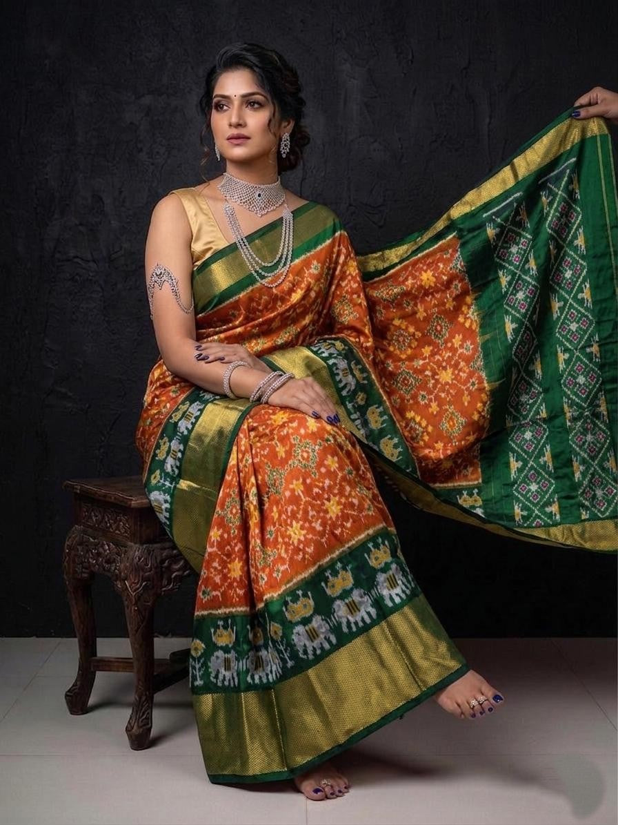 Green Orange Contrast Handloom Kotha Silk Saree