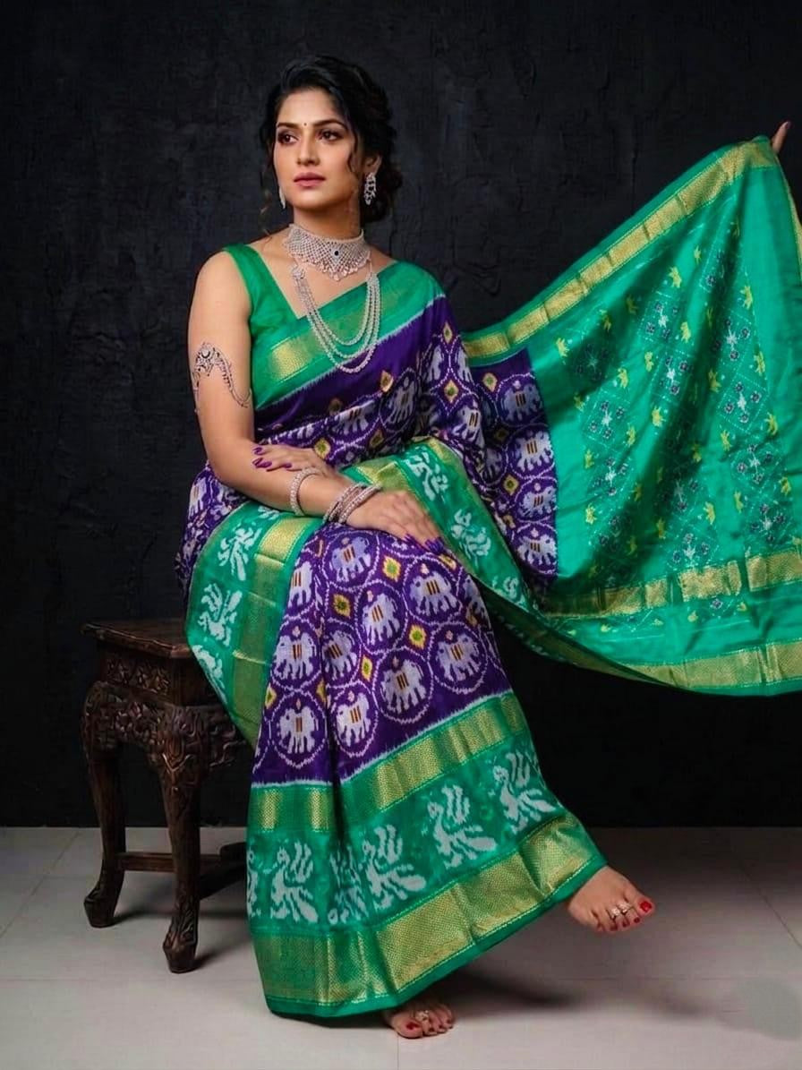 Green Purple Traditional Zari Handloom Kotha Silk Saree