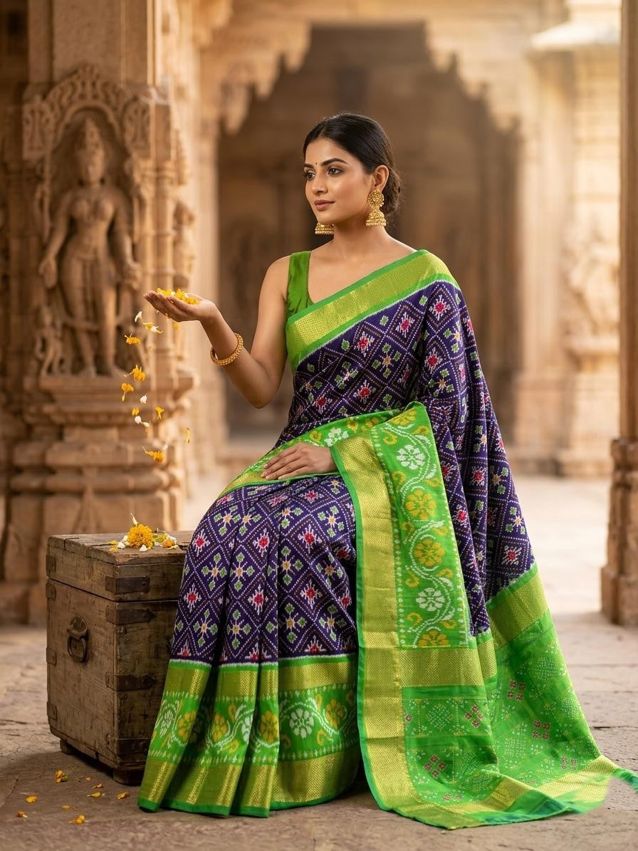 Green and Purple Bentex Handloom Silk Saree with Traditional Rich Weaving