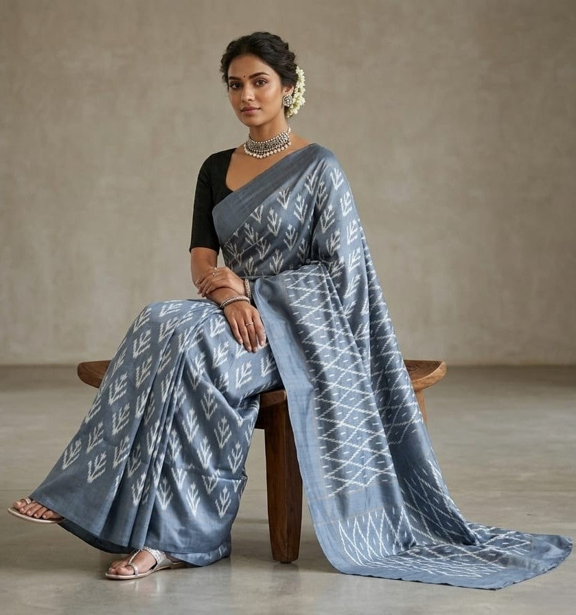 Grey Barista Soft Silks Saree with Black Designer Printed Border
