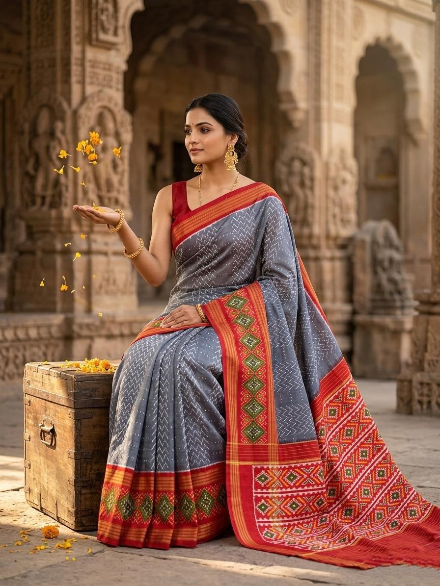 Grey Barista Soft Silks Saree with Orange Traditional Temple Border