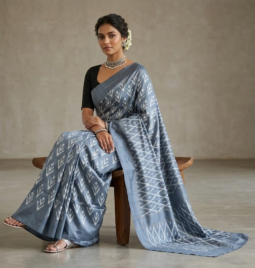 Grey Barista Soft Silks Saree with Silver Chevron Designer Pattern