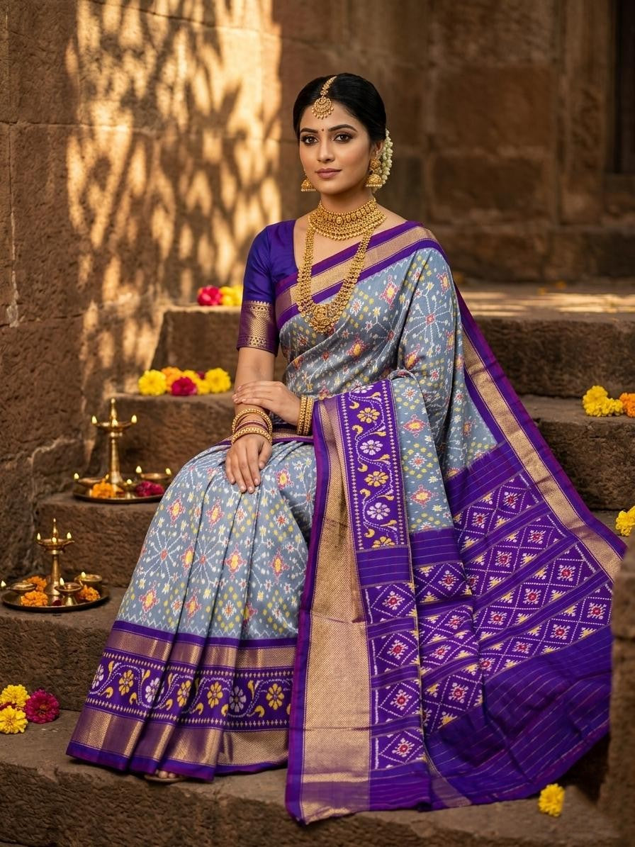 Grey Bentex Handloom Silk Saree with Purple Royal Zari Border