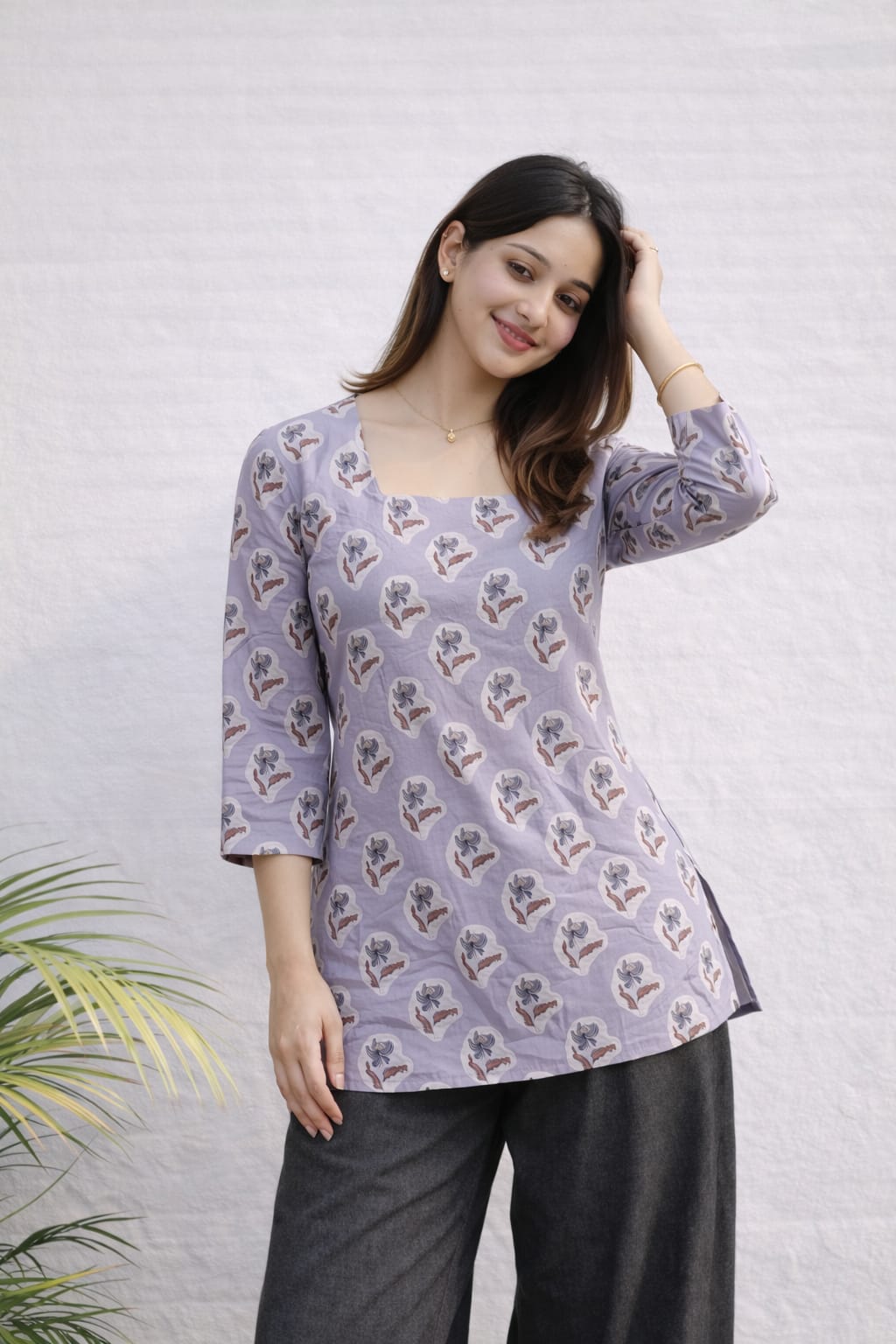 Grey Floral Block Print Short Kurti for Women | Pure Cotton Fabric | Ethnic Casual Top