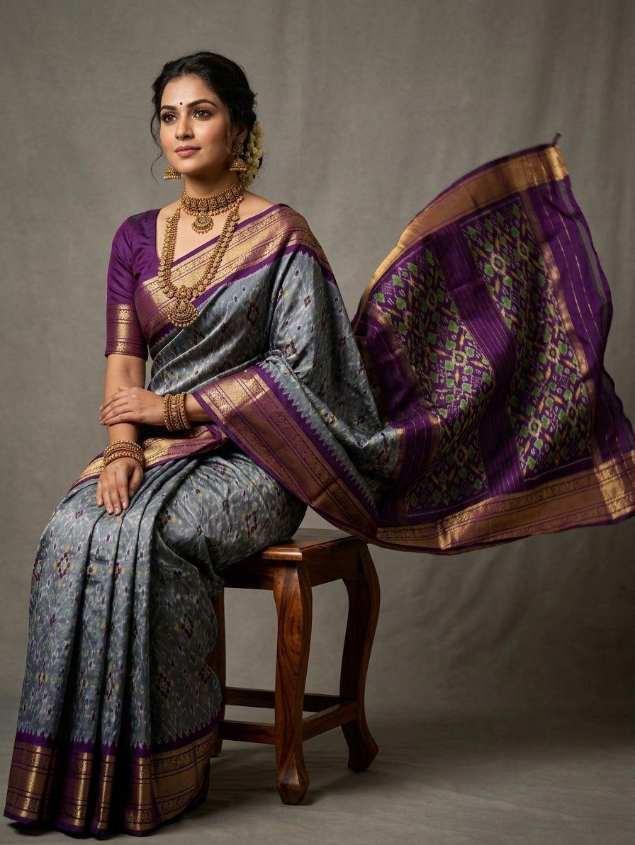 Grey Handloom Pattu Silk Saree with Purple Rich Ethnic Pallu