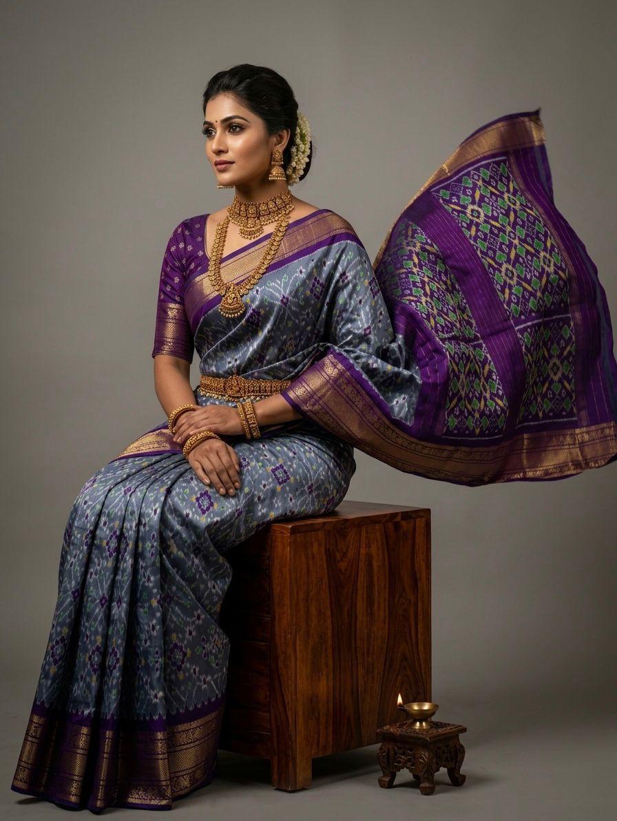 Grey Handloom Pattu Silk Saree with Purple Royal Zari Pallu