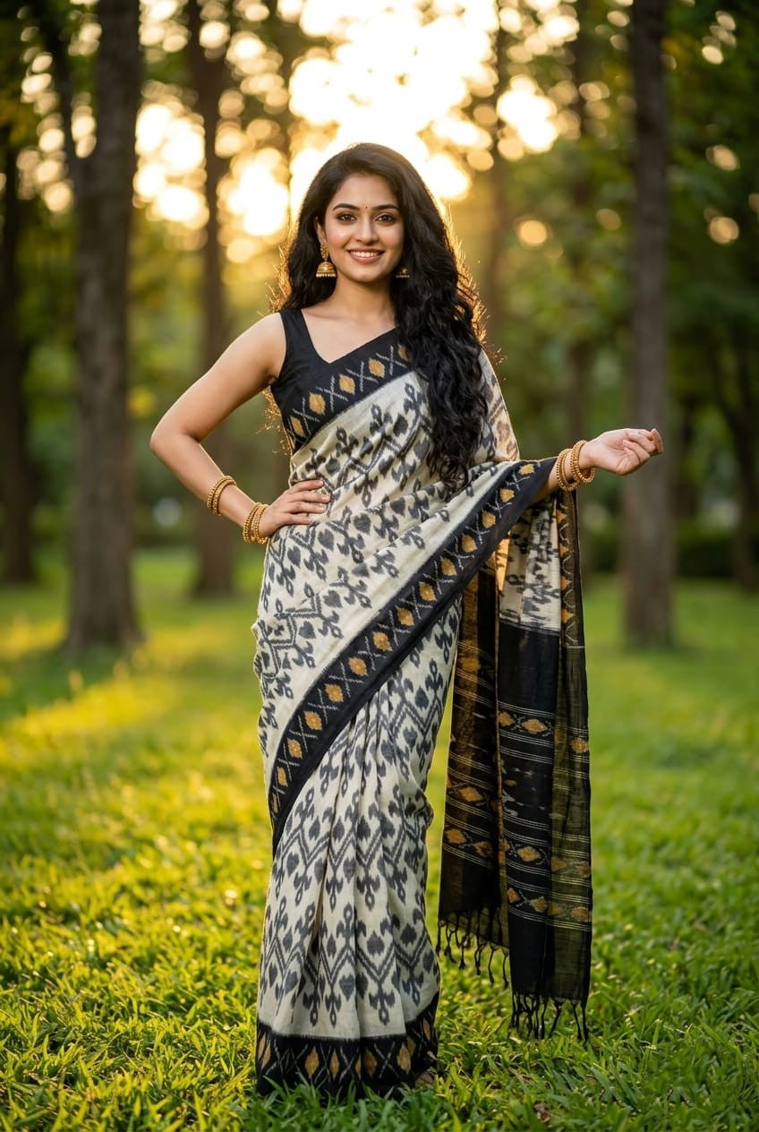 Grey Ikat Linen Saree with Black Zari Border | Contemporary Traditional Wear