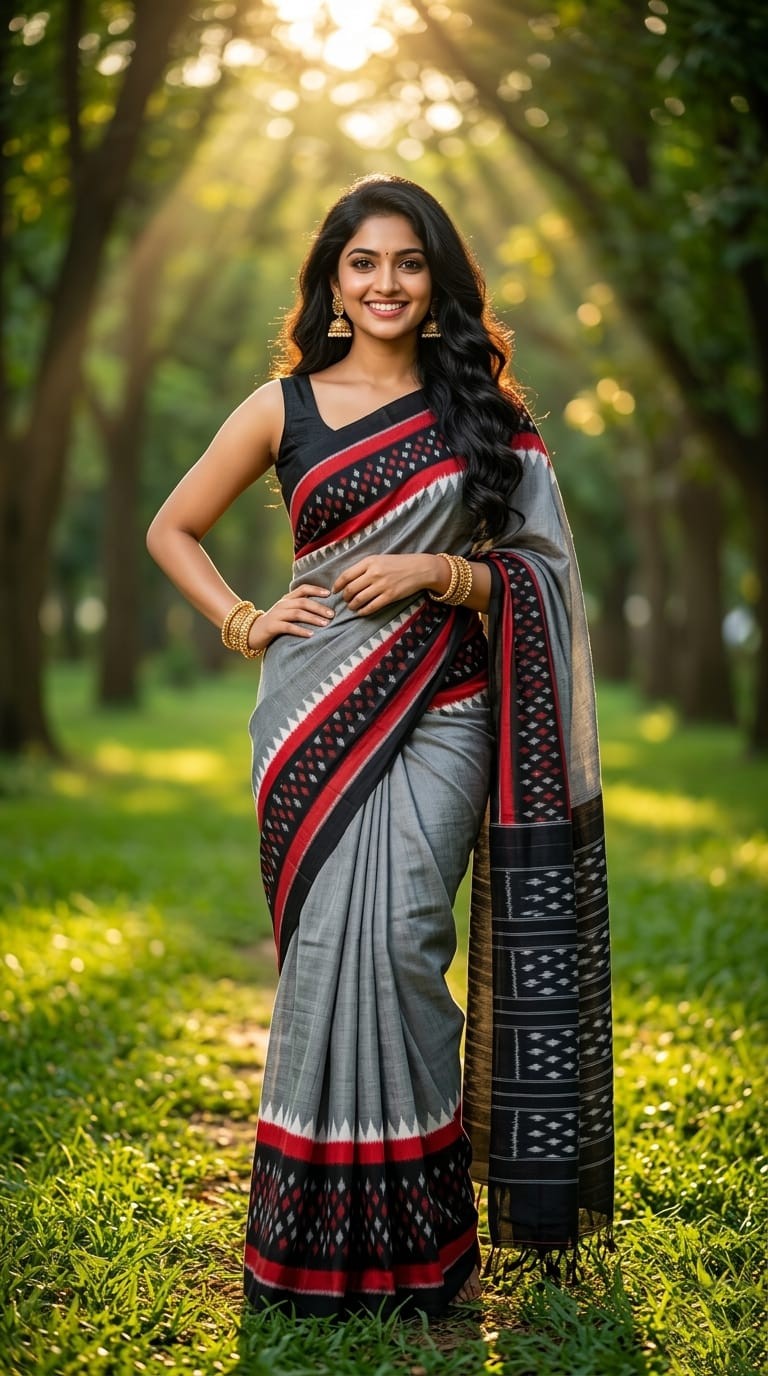 Grey Linen Saree with Red and Black Border | Classic Traditional Festive Saree