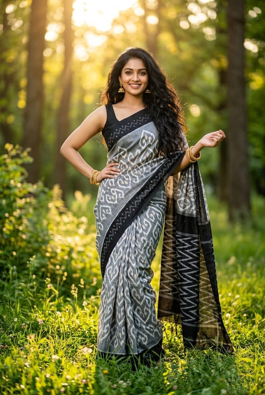 Grey and Black Buta Linen Saree with Embellished Border | Everyday Ethnic Wear