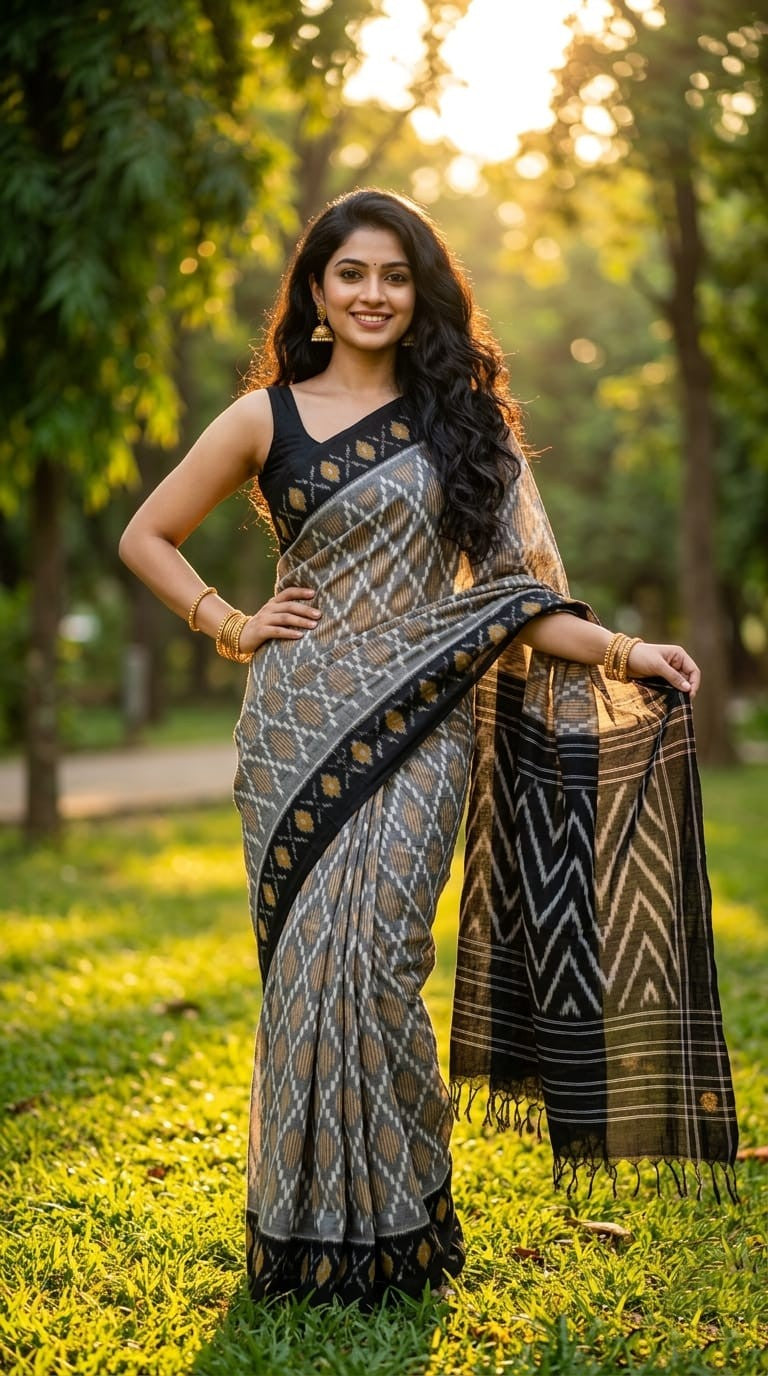 Grey and Black Geometric Linen Saree with Striped Pallu | Everyday Ethnic Wear