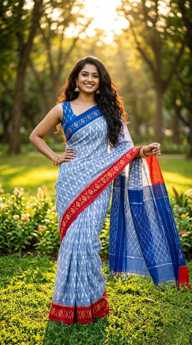 Grey and Blue Buta Print Linen Saree with Red Pallu | Printed Ethnic Drape