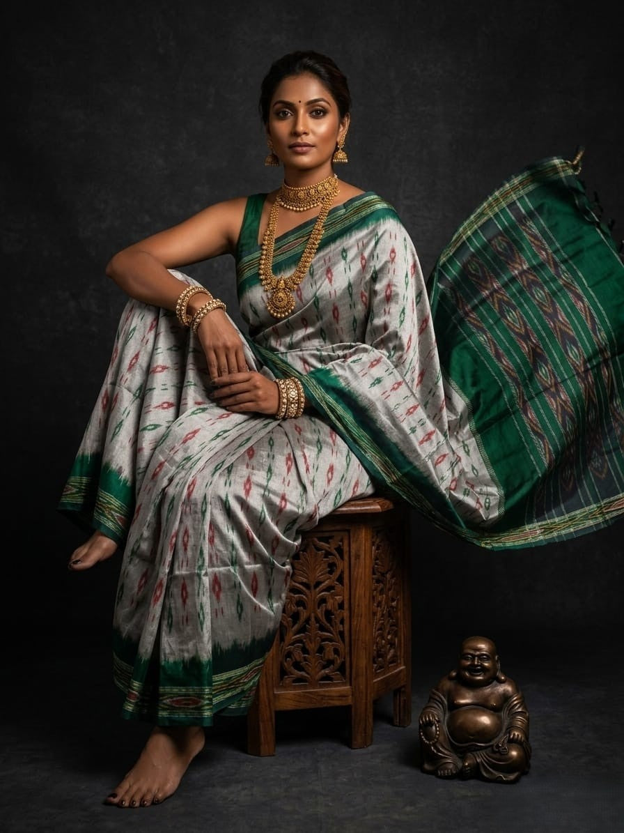 Grey and Green Barista Soft Silks Saree with Woven Designer Border