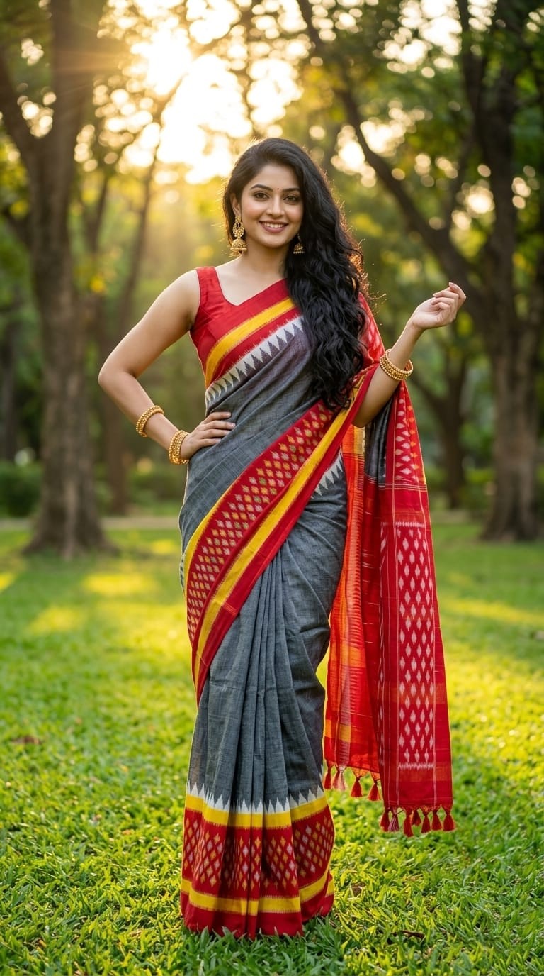 Grey and Red Linen Saree with Black Printed Border | Smart Ethnic Casual Wear