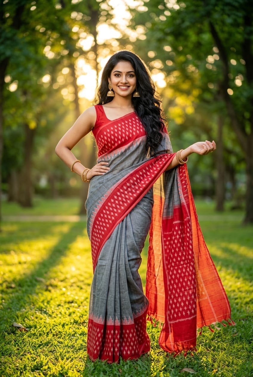 Grey and Red Linen Saree with Printed Floral Pallu | Contemporary Ethnic Wear