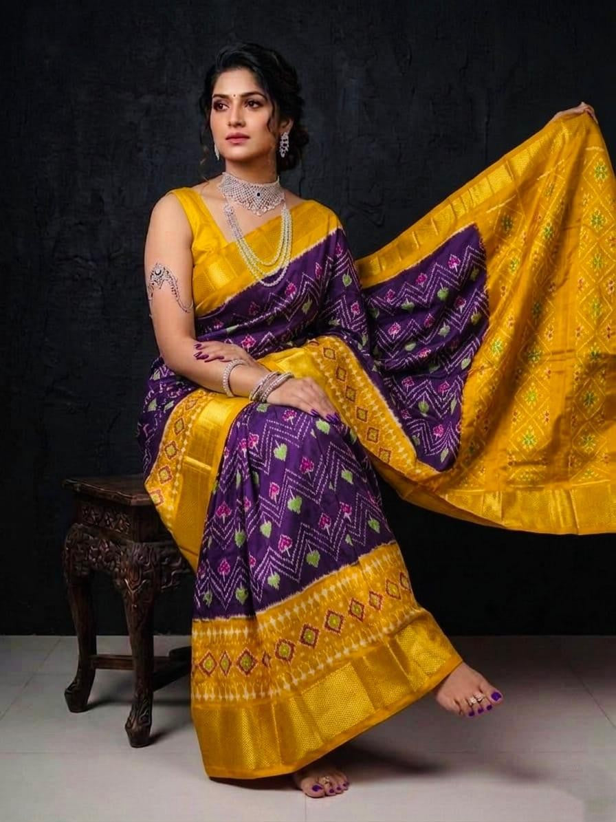Yellow Purple Contrast Border Handloom Kotha Silk Saree