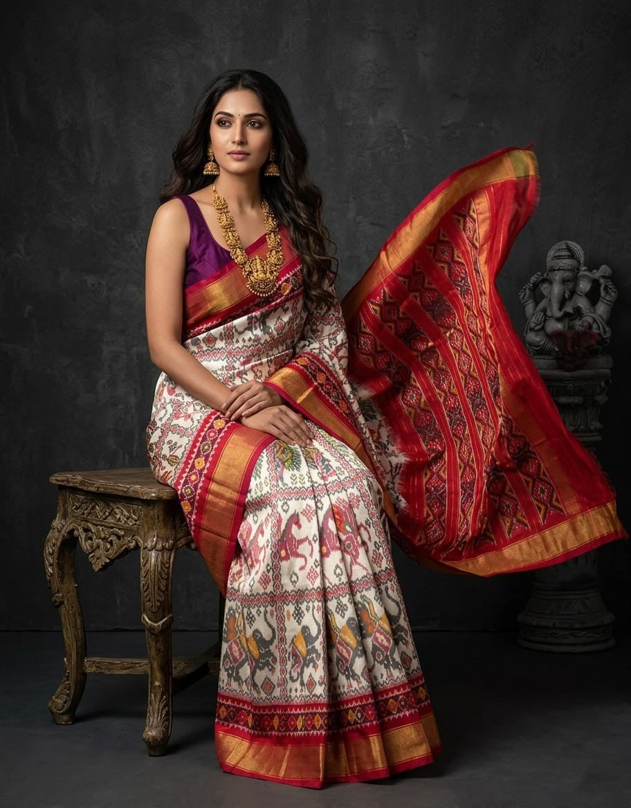 White Red Royal Wedding Handloom Kotha Silk Saree