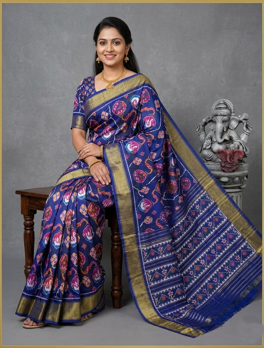Navy Blue Floral Weaving Handloom Kotha Silk Saree