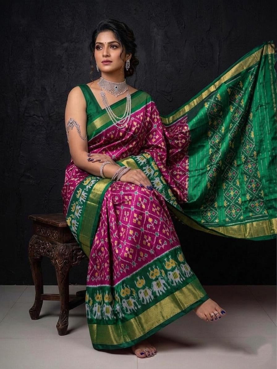 Green Pink Ethnic Rich Border Handloom Kotha Silk Saree
