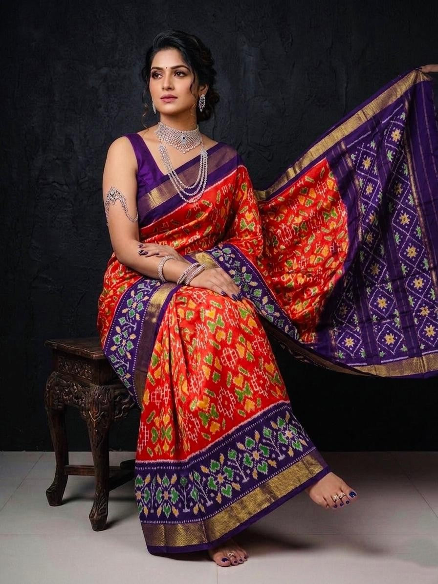 Orange Purple Designer Wedding Handloom Kotha Silk Saree