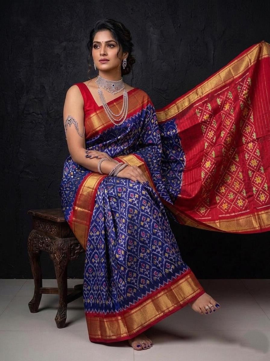 Blue Red Traditional Wedding Handloom Kotha Silk Saree