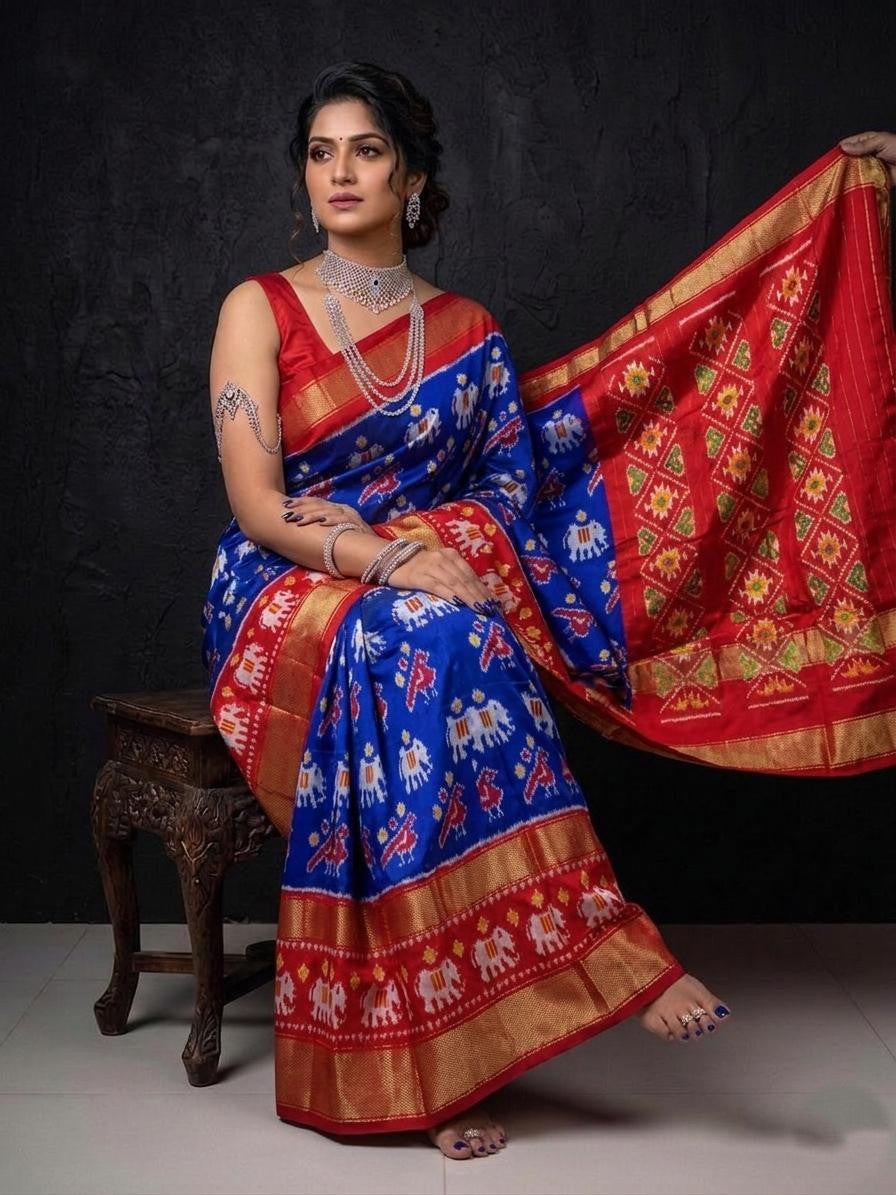 Royal Blue Red Banarasi Style Handloom Kotha Silk Saree