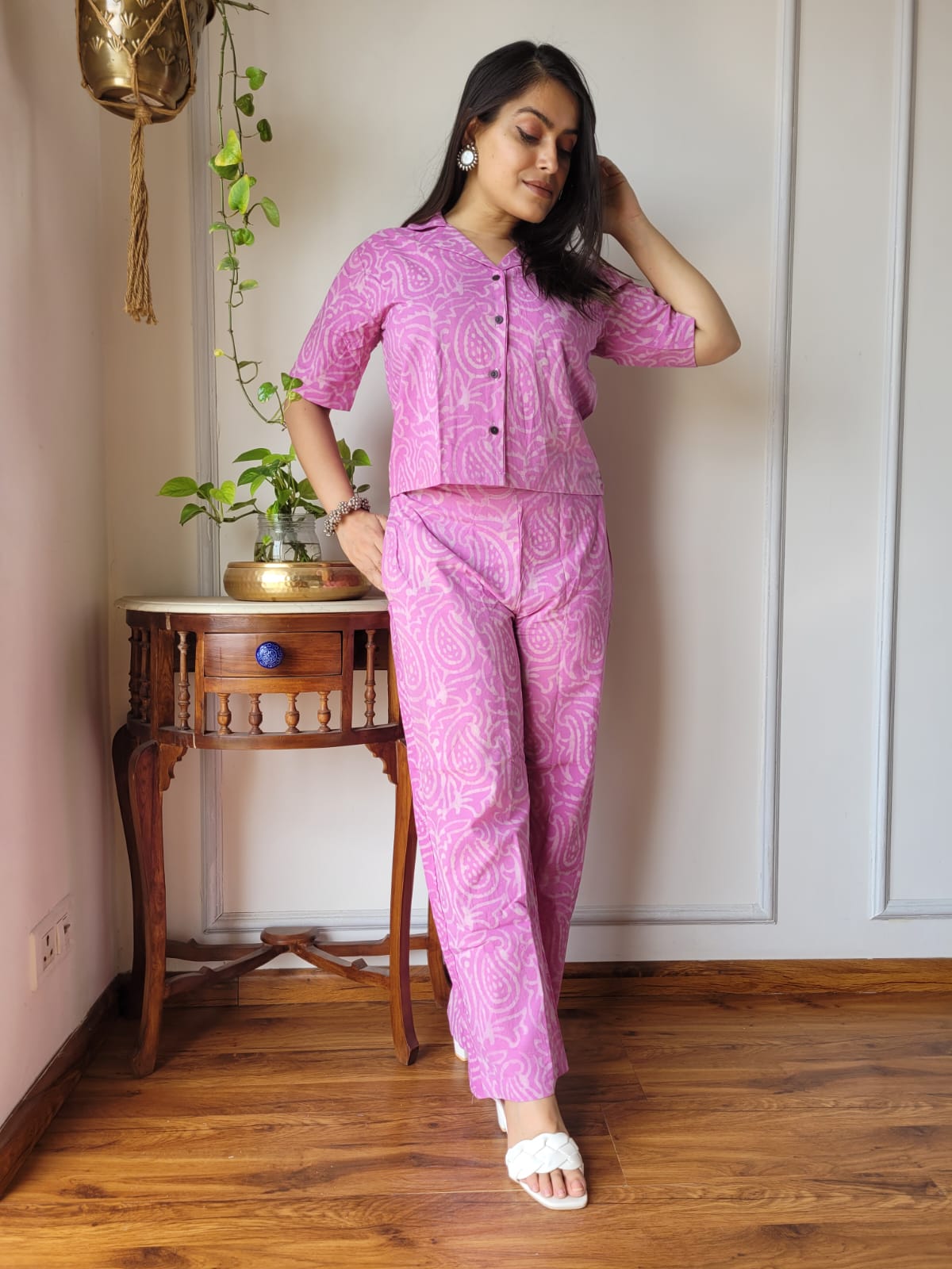 Grey Pure Cotton Hand Block Print Co-ord Set with Balloon Top